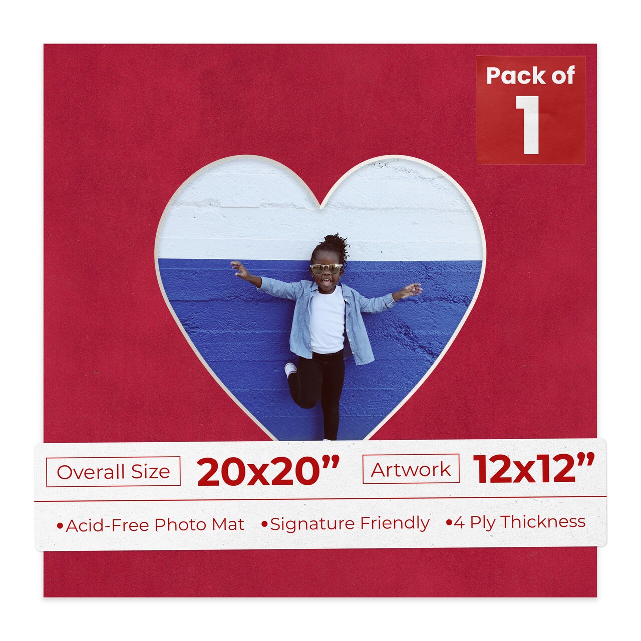 Red Suede Mat Board for 20x20 Frames - Heart Opening for 12x12 Photos